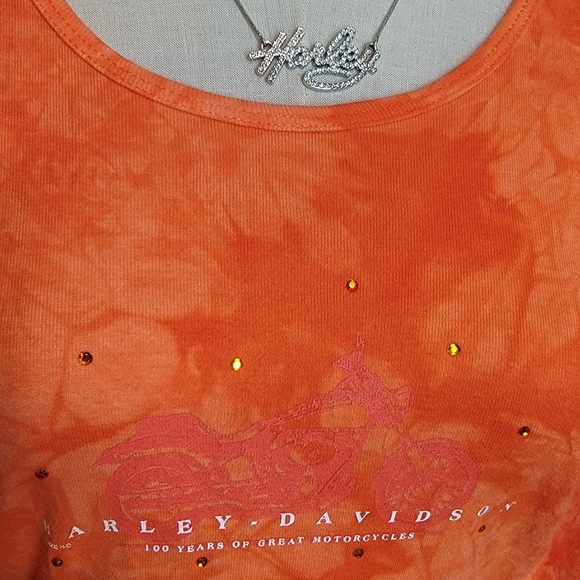 HARLEY-DAVIDSON ♡ Sweet Vintage Orange Tie Dye Embellished Bling H-D Top M - Picture 17 of 17